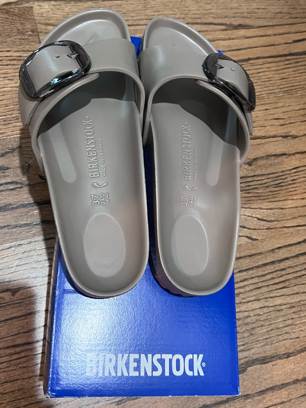 Birkenstock Madrid EVA Sandals Grey Taupe with big brown Buckles 37 narrow NEW
